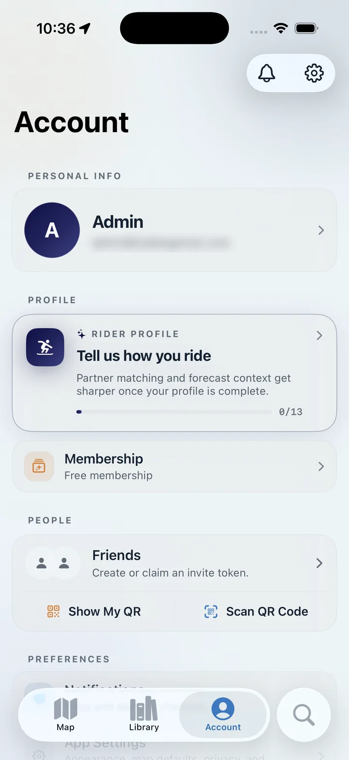 AspectAvy account screen with rider profile, membership, and friends