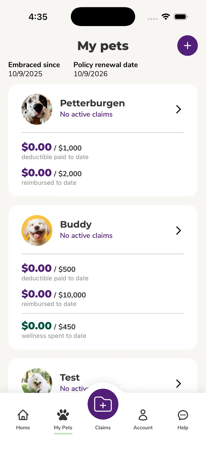 Embrace my pets screen